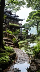 Canvas Print - oriental garden with pond and traditional house