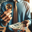 kryptowaluty bitcoin i gotówka trzymane w rękach przez mężczyznę w koszuli
