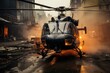© Dalmir - Helicopter captures urban scenes for film; frantic action., generative IA
