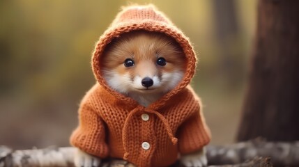 Wall Mural - Cute little baby fox in warm clothes on blurred background, closeup