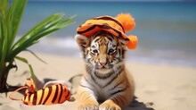 Cute Tiger Wearing A Hat On The Beach With Sea Background.
