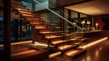 A Luxurious Wooden Staircase With Transparent Glass Sides, Under-handrail LED Lighting Subtly Enhancing The Ambiance In A Sophisticated Home.