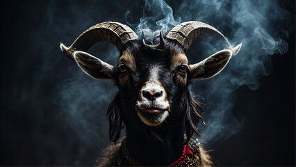 Wall Mural - horned goat on black background