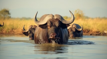 African buffalo (Syncerus caffer) in water, Kruger National Park, South Africa