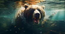 Portrait Of A Brown Bear Swimming In The Water In The Pool