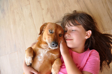 Wall Mural - menina criança feliz com cachorro caramelo doméstigo, amor canino, cão amigo e companheiro 