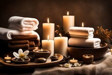 The Essence Of Relaxation Comes To Life In A Spa-themed Image, Showcasing Neatly Folded Towels, Ambient Candles, And A Warm Brown Background, All Beautifully Rendered In High Definition