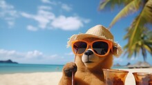 Cute Bear In Hat And Sunglasses In The Beach, Summer Vacation Concept
