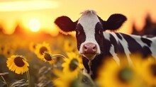 Cow On A Field Of Sunflowers At Sunset In Summer.
