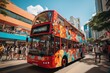 Two -storey red bus carries animated passengers around the city., generative IA