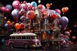 Colorful circus themed bus with artists and animals., generative IA