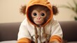 Cute little monkey sitting on sofa at home, closeup view