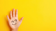 An Outstretched Child's Hand With A Smiley Face Drawn On It On A Yellow Background