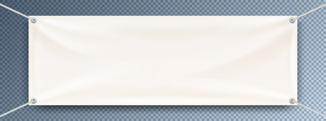 white mock up textile banner with eyelets at the corners and white ropes. hanging advertising promo 