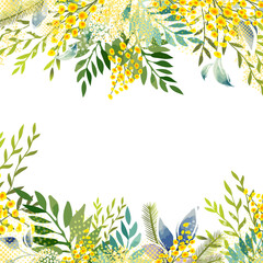 Wall Mural - Frame with Yellow mimosa. Spring wreath of the brightest yellow flowers. Hello Spring . hand drawing. Not AI,