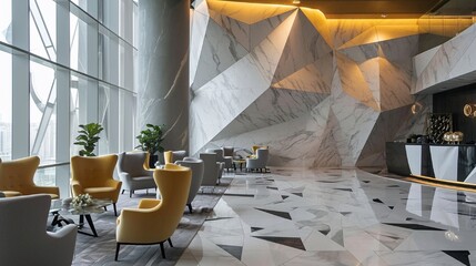 Wall Mural - Intricate geometric shapes interplaying with minimalist furniture in a hotel lobby, creating a visually stunning and sophisticated atmosphere.