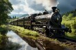 Vapor locomotive crossing serene country landscape., generative IA