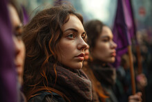 Generative AI Side View Image Of A Young Caucasian Woman With Blue Eyes At A Feminist Protest Against Crowd With Purple Flags