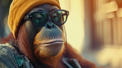 Canvas Print - A monkey wearing a hat and sunglasses with glasses on, AI