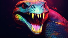 Snake Head With Sharp Teeth In Neon Light.