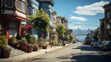 Fototapeta  - A steep street with colorful Victorian style houses in San Francisco