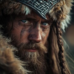 Canvas Print - A man with a beard and fur hat is looking at the camera, AI