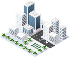 Wall Mural - Winter isometric city with streets, skyscrapers, houses and transport