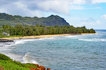 A view over Mahaulepu Beach on the island of Kauai, Hawaii.