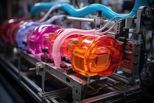 Injection molding: Colorful plastics flow in automated industrial factory., generative IA