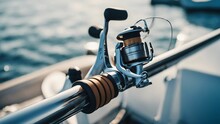 Closeup Of Fishing Rod And Reel On Side Of Boat With Blue Sea In Background  