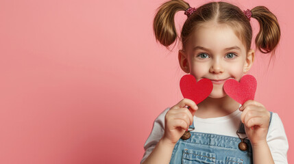 Wall Mural - A girl with paper hearts on a pink background, Valentine's Day concept Valentine's Day all lovers day