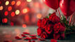 Valentines day background with red roses with a red balloon lying on a table with sparkles in the background