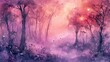 A dreamy, ethereal watercolor landscape of a magical forest with hidden heart-shaped clearings.