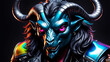 3d rendered illustration of a Bad ass liquid metallic steel screw-horned goat detective wearing black leather jacket under a colourful vivid lighting
