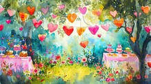 A cheerful, playful watercolor scene of a garden party, with strings of hearts and flowers. 