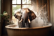 Elephant Bathing In A Bathtub, The Water Splashes On The Floor