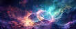 Cosmic nebulae intertwine, resembling wedding rings in the vastness of space in the cosmos. eternal promise of rings, their interstellar embrace a metaphor for boundless love and unity. Panorama.