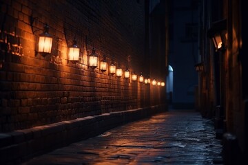 Sticker - street old brick wall decorated with night lanterns