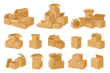 Cardboard Boxes Stack. Carton Delivery Packages Pile, Warehouse Storage Parcels, Stacked Cargo Shipping Cardboard Boxes Flat Vector Illustration Set. Parcels Pile Collection