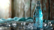 A Bottle Of Water, Immersed In A Vase With Ice, Creates A Visual Perception Of Maximum Freshest An