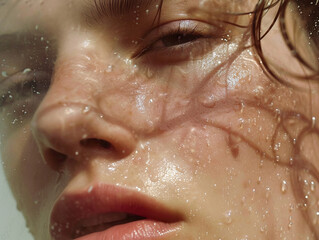 Portrait of beautiful natural woman with dewy wet skin