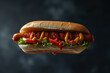 hot dog with ketchup and mustard. Danish hot dog with pickled cucumbers, fried onions and a hot dog with mustard, lettuce and jalapenos on a black background. Hot dog in fly against black background. 