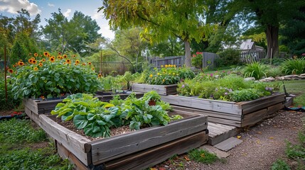 raised bed vegetable garden, and trees surrounding it, many raised beds, permaculture, 