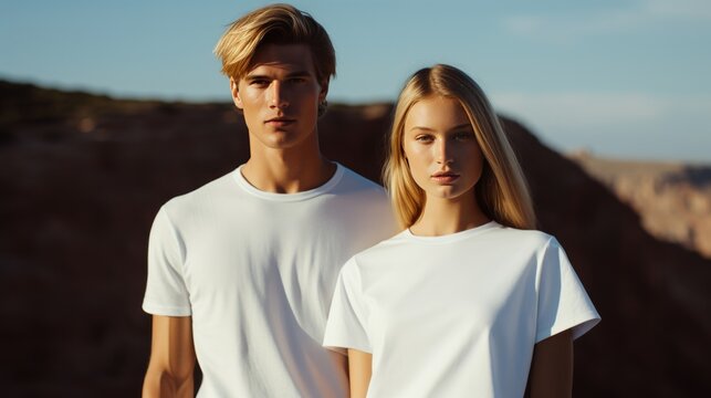 Young couple model wearing minimalist white t-shirt standing on the edge of a cliff ,Fashion commercial portrait.