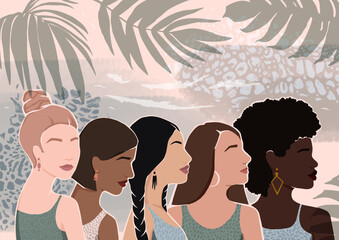 Wall Mural - Women of different ethnic groups together. Watercolor background with palm leaves. Modern flat vector illustration.
