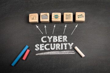 Wall Mural - Cyber Security Concept. Wooden blocks on a dark chalkboard background