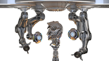 Sticker - Futuristic robot head or humanoid face under construction by mechanical assembly arms. Cyber factory isolated on transparent background. 3d rendering