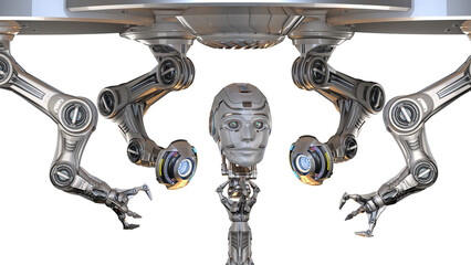 Wall Mural - Futuristic robot head or humanoid face under construction by mechanical assembly arms. Cyber factory isolated on transparent background. 3d rendering