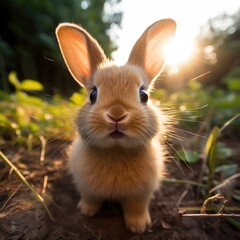 Canvas Print - A cute cottontail rabbit in a peaceful garden, its ears perked up.