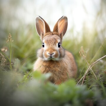 A cute cottontail rabbit in a peaceful garden, its ears perked up.